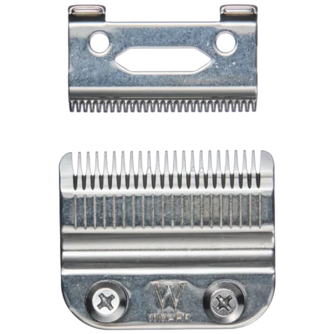 Metal clipper blade with visible brand logo on a transparent background