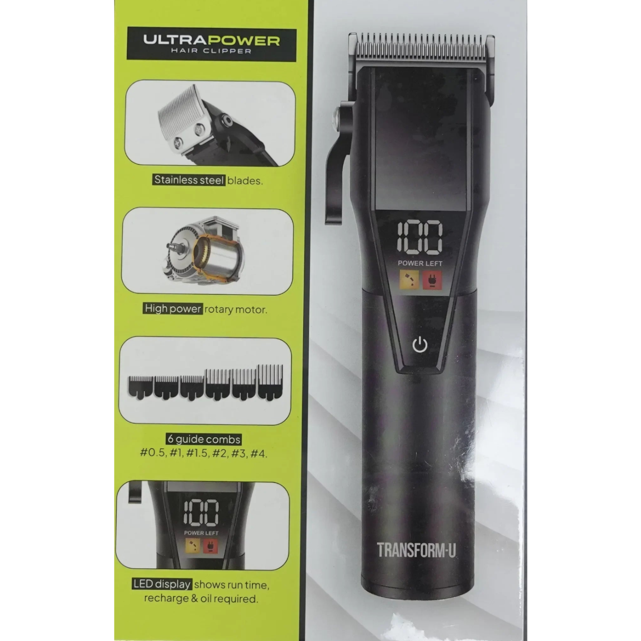 Hair clipper with digital display on a transparent background, on its packaging.