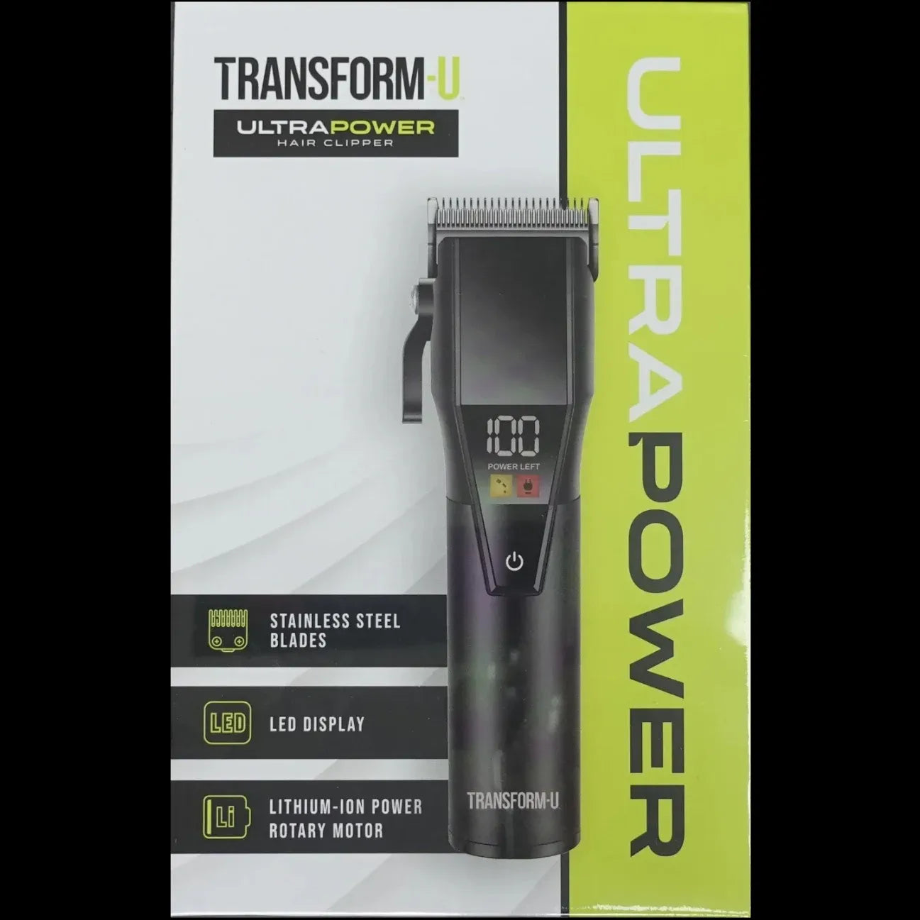 Transform-U UltraPower hair clipper packaging with digital display and branding.