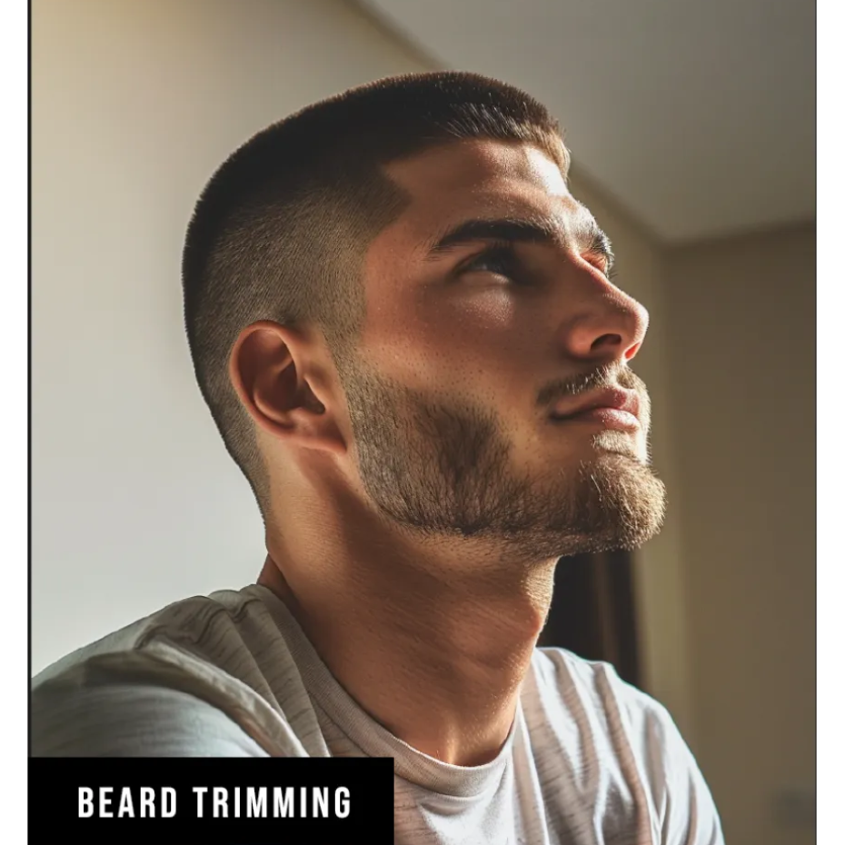 Man with a styled beard and short haircut looking to the side, with 'Beard Trimming' text at the bottom.