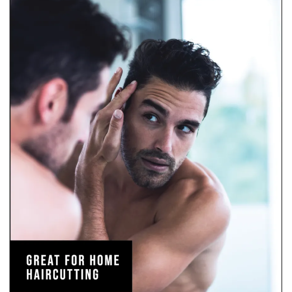 Man examining his haircut in a mirror with text 'Great for Home Haircutting'.