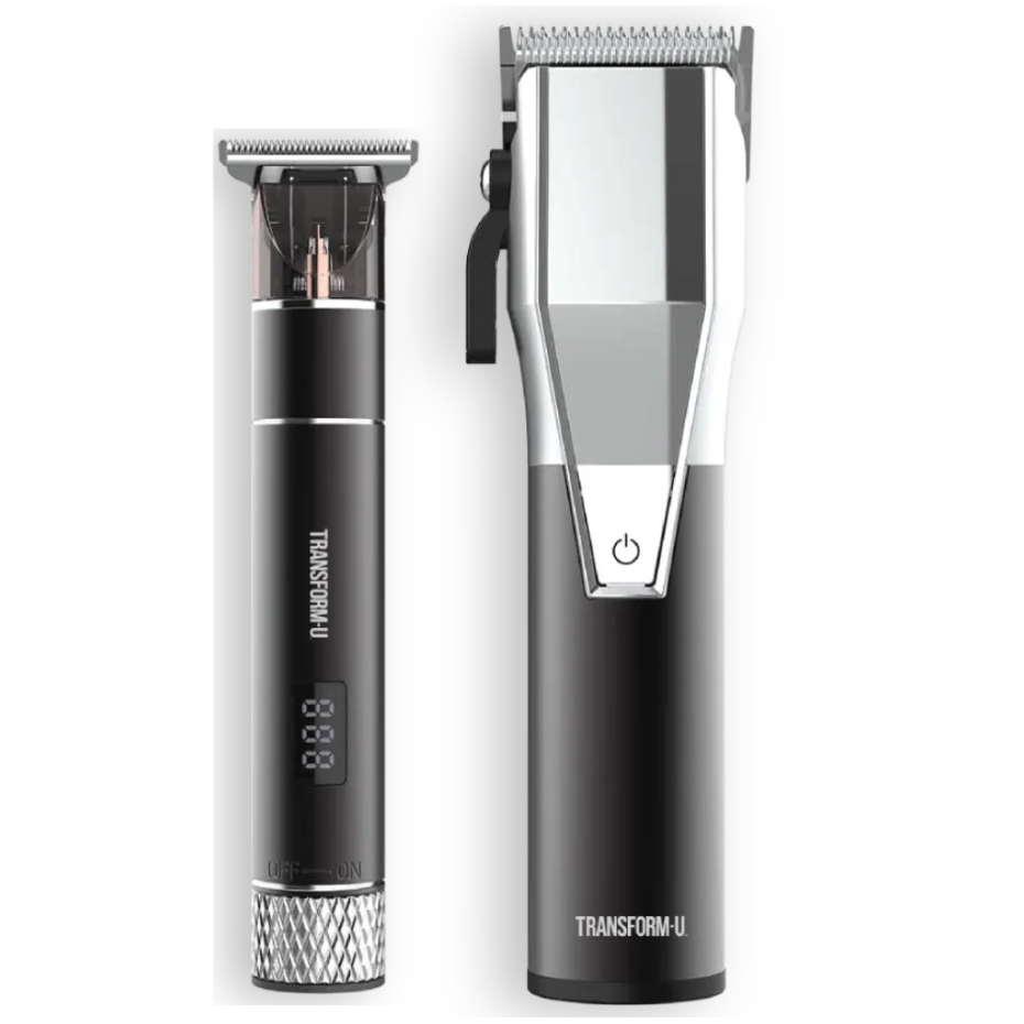 Hair trimmer set with black and silver design on a transparent background