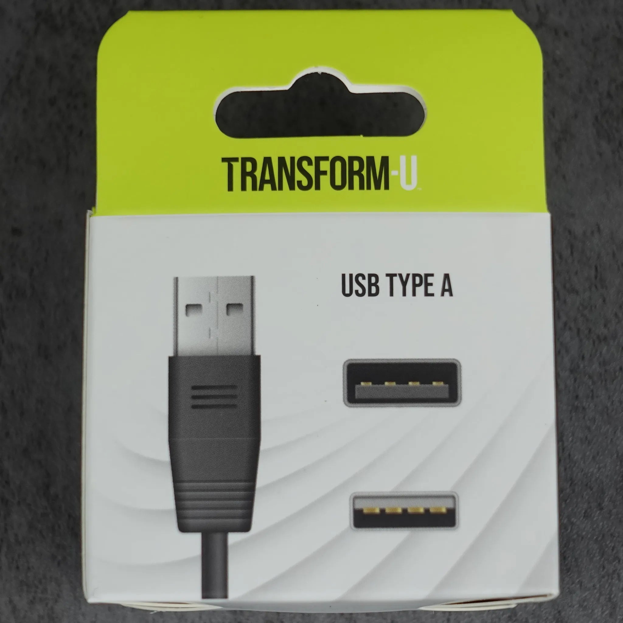 Packaging of a USB Type A cable with 'Transform U' branding on a dark background.