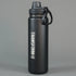 Black water bottle with 'TRANSFORM-U' branding on a gray background