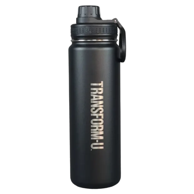 Black water bottle with 'TRANSFORM-U' branding on a transparent background